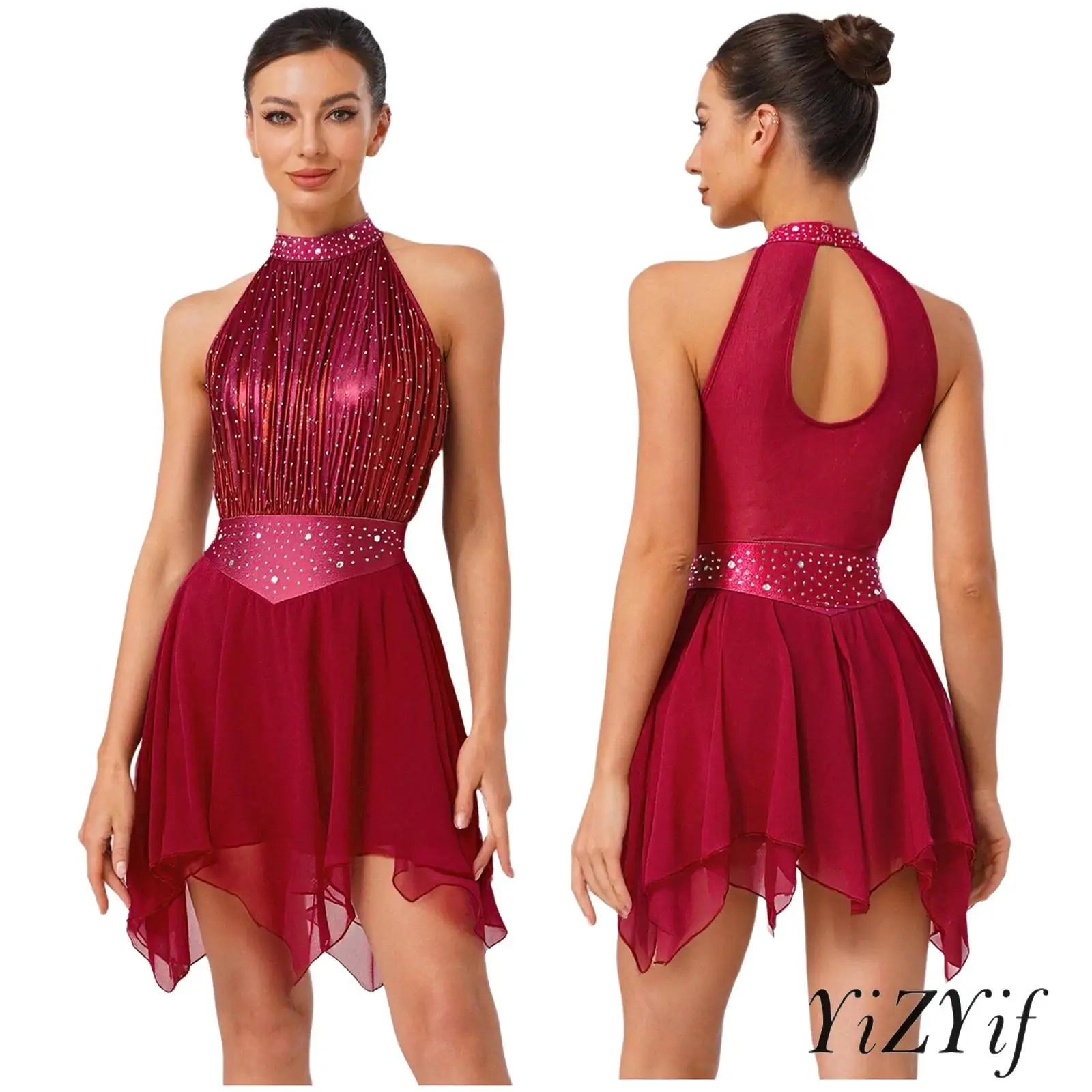 

Womens Lyrical Figure Skating Dance Dress Rhinestone Irregular Hem Sleeveless Ballet Dance Dress Metallic Mesh Ballet Dancewear
