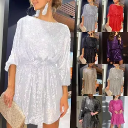 Womens Puff Long Sleeve Glitter Sequin Dress with Belt Evening Wedding Bridesmaid Sparkly Loose Fit Mini Short Holiday Party