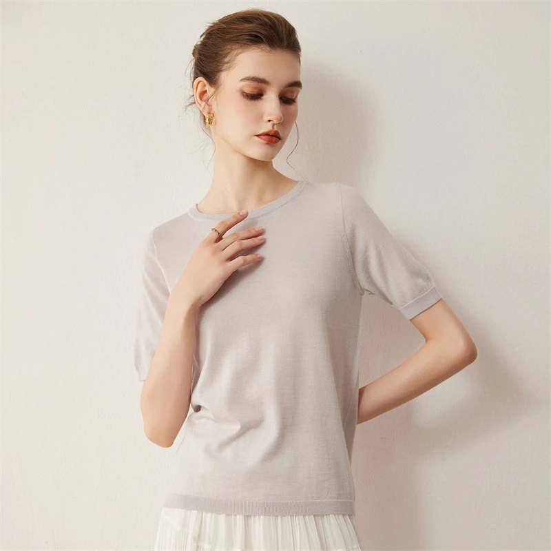 春秋の新作レディーススリムプルオーバー伸縮性100%羊毛セーターOネック半袖梳毛ウールニット通気性トップス