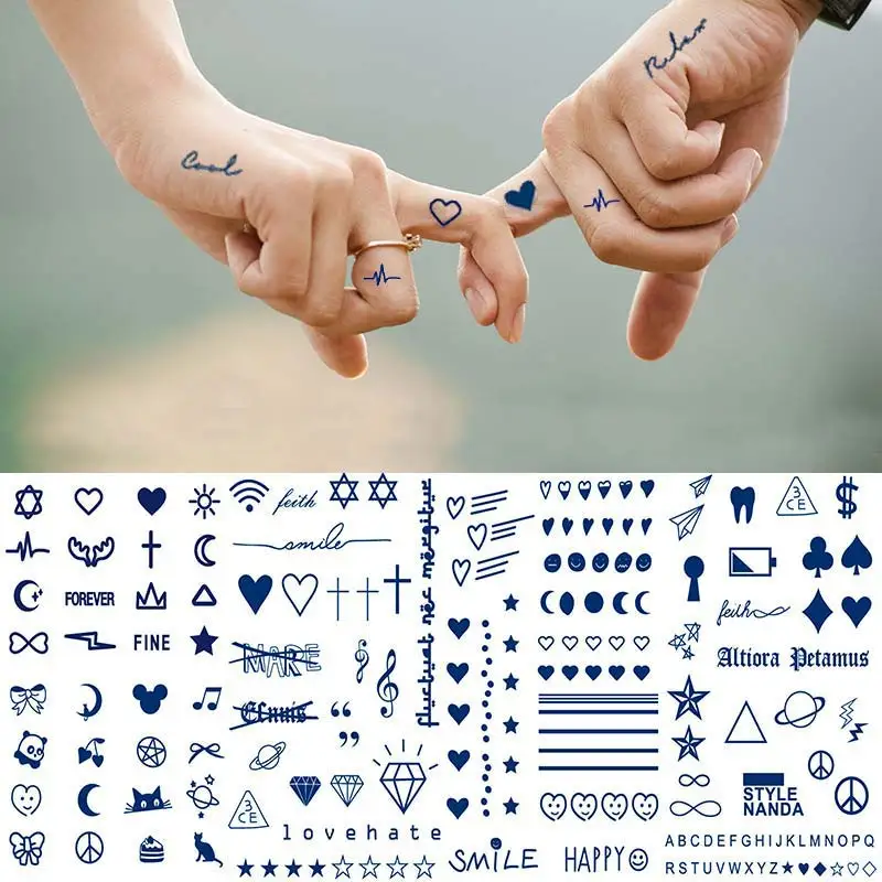 Blue Herbal Juice Ink Temporary Tattoo Stickers Long Lasting Fake Tattoos Small Hand Cute Star Sun Moon Finger Tattoo Lettering