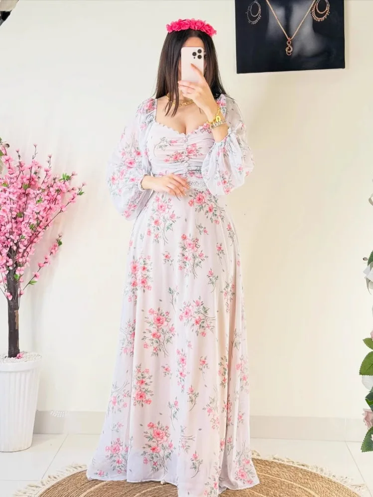

Elegant Long Floral Print Sweet Girl's Dress Lantern Sleeve Midi Dress Chinese Style Wedding Dress Evening Gown Party Dress