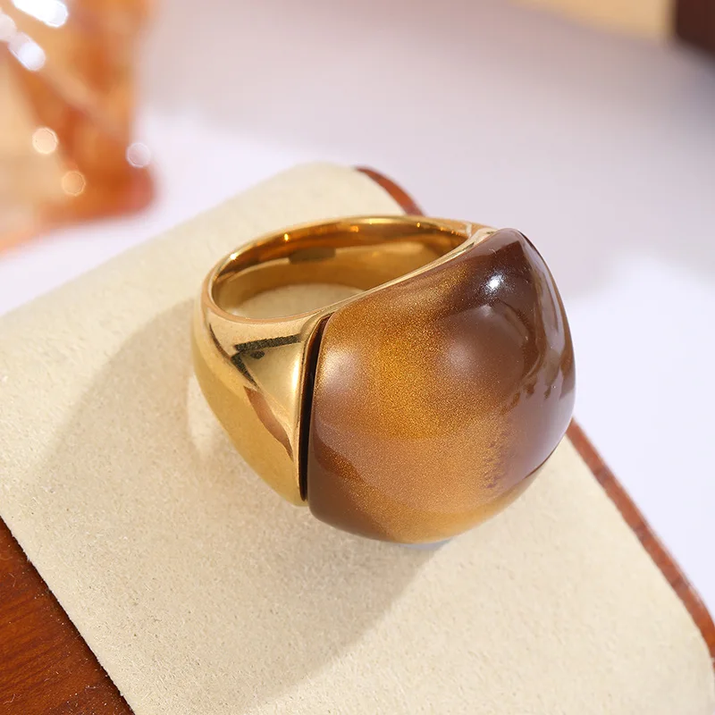 Vintage stainless steel retro amber smudged gemstone ring Maillard antique fashion high-end jewelry