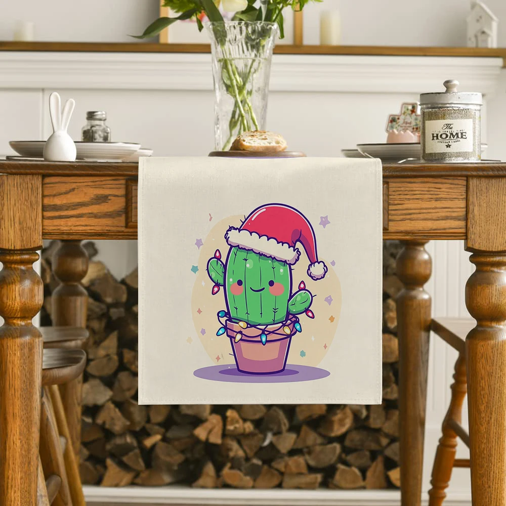 Christmas Hat Cactus Smile Light Table Runners Kitchen Table Decoration Washable Dining Table Runner Wedding Party Decorations