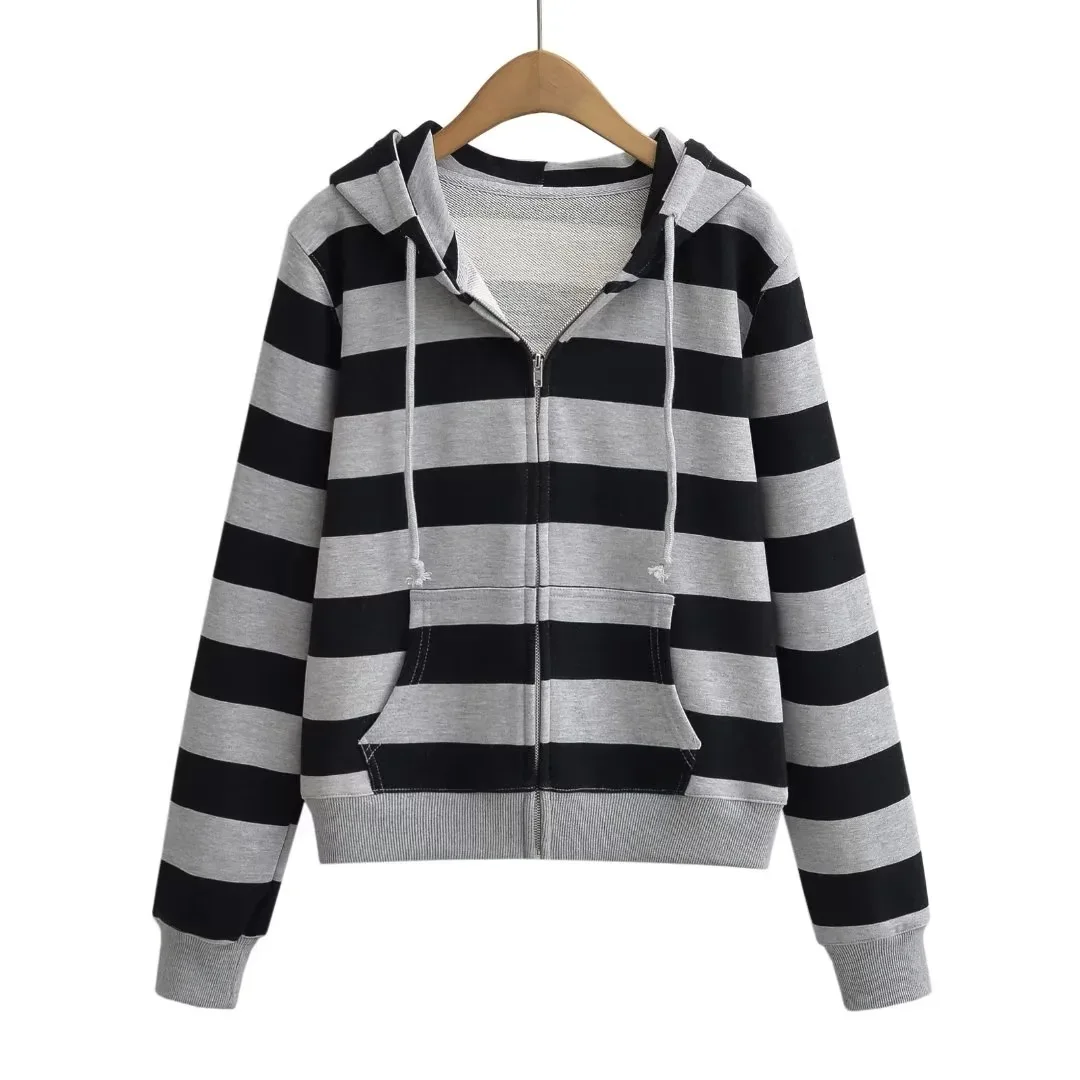 Autumn Winter Harajuku Contrast Striped Hooded Sweatshirt Women Long Sleeve Open Zipper Loose Hoodies Casual Sweats Black Navy