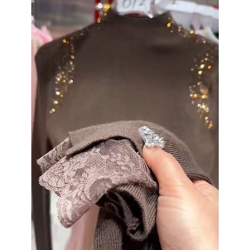 เสื้อสเวตเตอร์ถักคอเต่าครึ่งตัว แต่งผ้าลูกไม้ลายเพชร สำหรับผู้หญิง ฤดูใบไม้ร่วงและฤดูหนาว รุ่นใหม่ ดีไซน์อเนกประสงค์