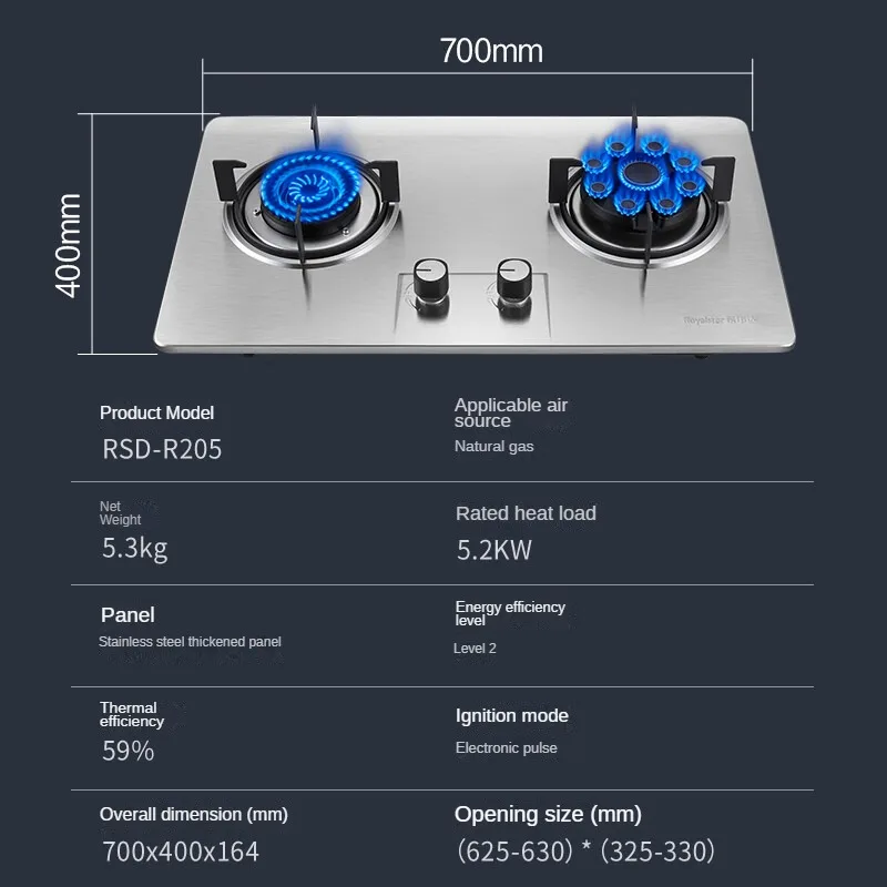 Mocna płyta gazowa o mocy 5,2 kW z powierzchnią ze stali nierdzewnej i podwójny palnik do użytku z gazem ziemnym i LPG