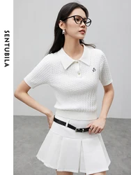 SENTUBILA Cotton 100% Letter ricamo pullover lavorati a maglia ritagliati 2024 Summer Simple Polo Collar top manica corta W42H55192