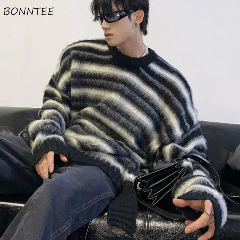 

Полосатые пуловеры, мужские мешковатые теплые парные, винтажные подходящие ко всему красивые уличные модные мягкие мужские пуловеры Ulzzang