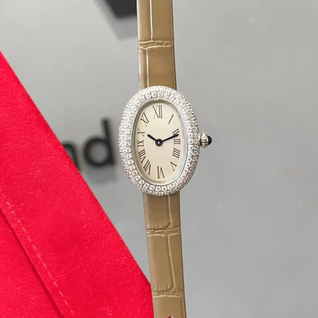 العلامة التجارية ساعات المعصم امرأة فتاة عالية الجودة 23 مللي متر الماس البيضاوي نمط اليابانية حركة الكوارتز حزام من الجلد على مدار الساعة CT80