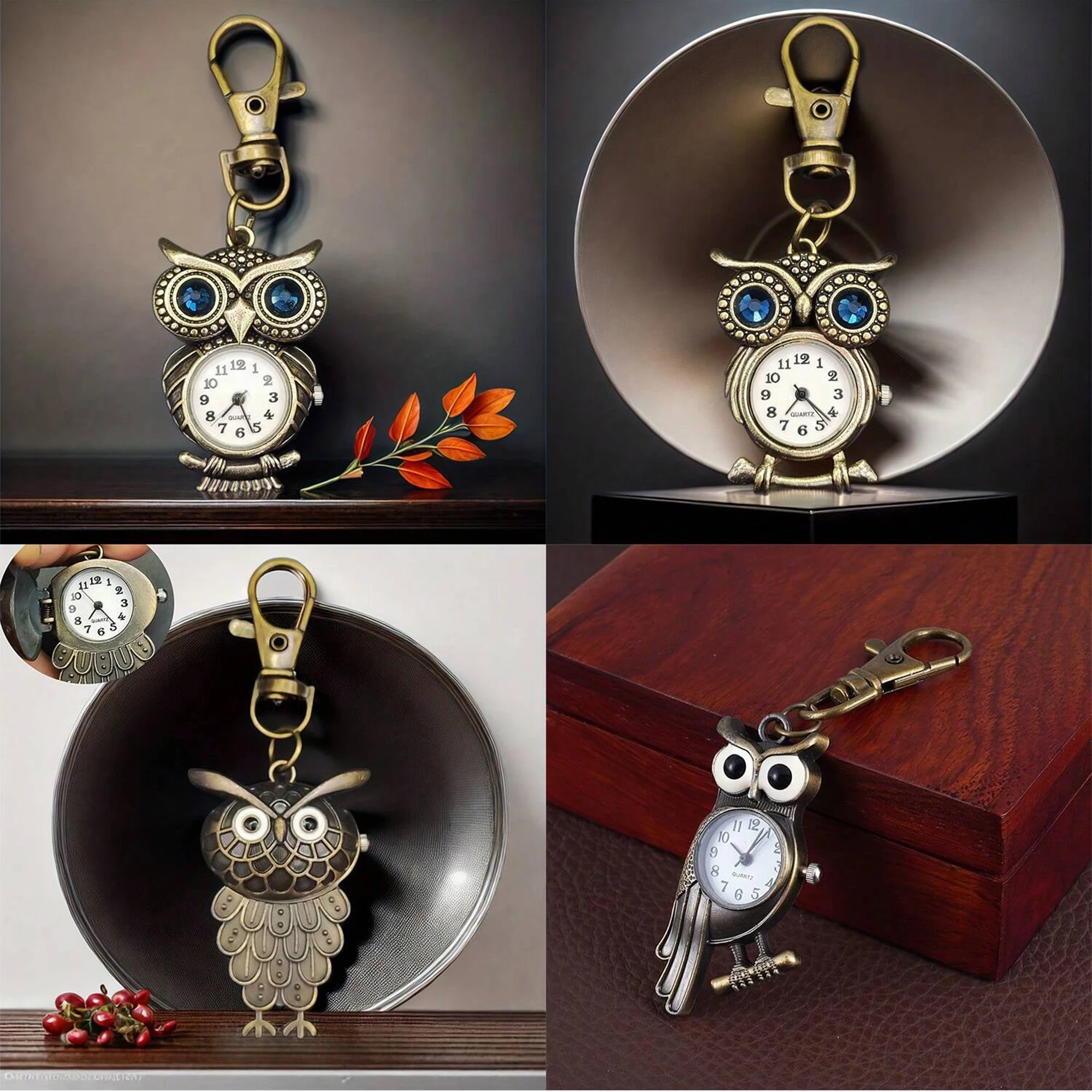 

Vintage Noble Owl with Diamond Keychain Watch Hanging Watch Quartz Watch Men's and Women's Creative Gift Keychain Watch