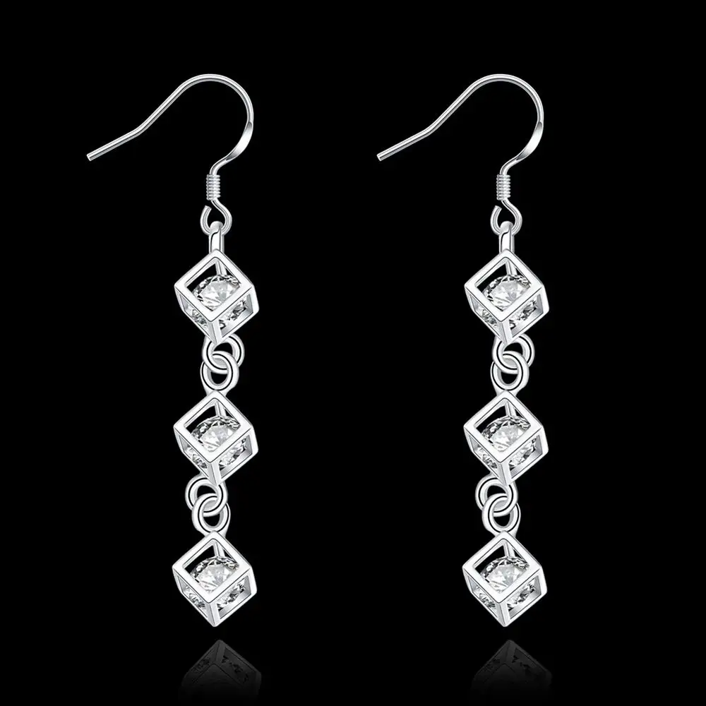 925 Stamp Silver Color Jewelry Earrings for Woman Fine Crystal Lattice Drop Long Earrings Trendsetter Party Christmas Gifts