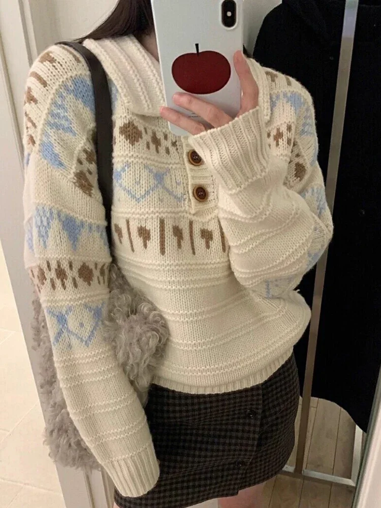 

Korean Retro Women Print Sweater Casual Lazy Wind Sweet Knitted Jumpers Fall Winter Lady Long Sleeve Vintage Soft Pullover Tops