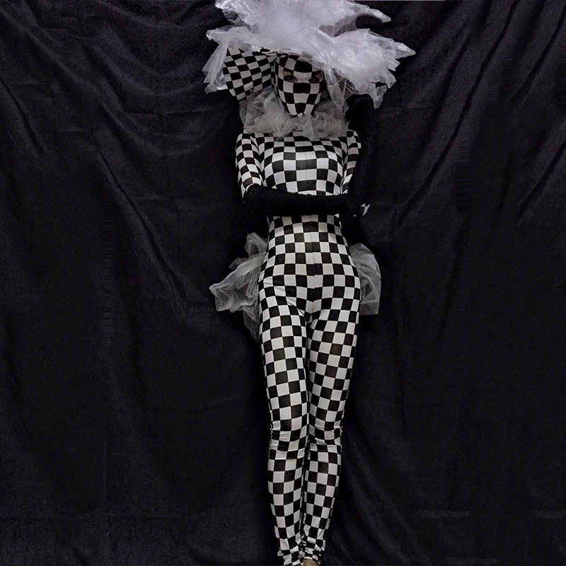 Clown Black And White Grid Jumpsuit Halloween Party Festival Outfit Stage Costume Women Nightclub Singer Rave Clothes