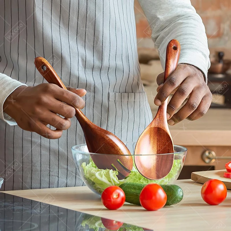 Juego de tenedor cuchara para ensaladas de Acacia y madera, cuchara y tenedor para ensalada de 10 pulgadas, mango largo, cuchara para ensalada, utensilio de cocina, 2 uds.