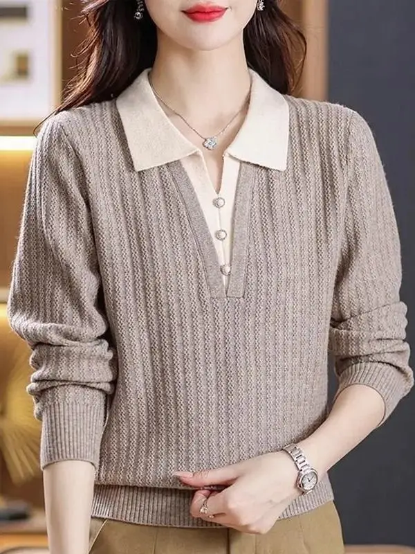 Spring Autumn New Style Women's Shirt Pure Color Versatile Long Sleeve Knitted Top Base Layer Fashionable Commute Style