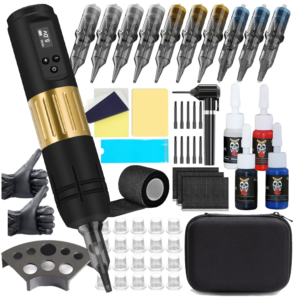 

Professional Tattoo Machine Kit 1600mAh Wireless LED Digital Display Battery With 10PC Cartridge Needles For Tattoo Beginner Set