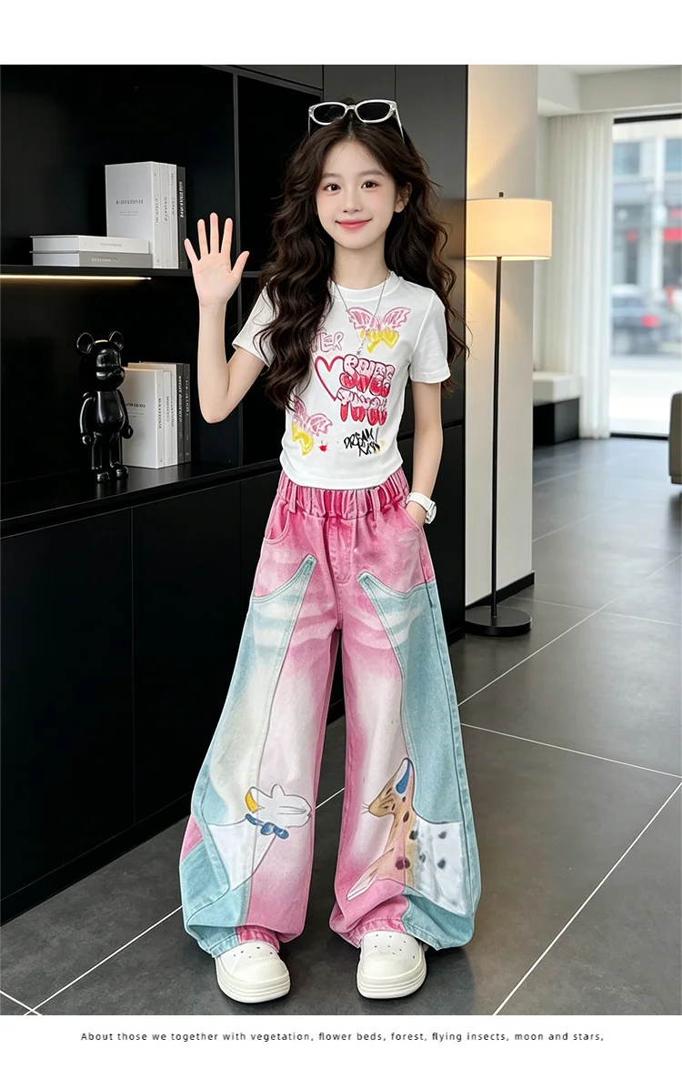 1 Set Mädchen Cartoon-Print-Set Kinder Sommer Kurzarm-Oberteile und Weitbein-Jeans-Anzug Modisches Kostüm Niedliche Kinder-Freizeitsets – Detail 7