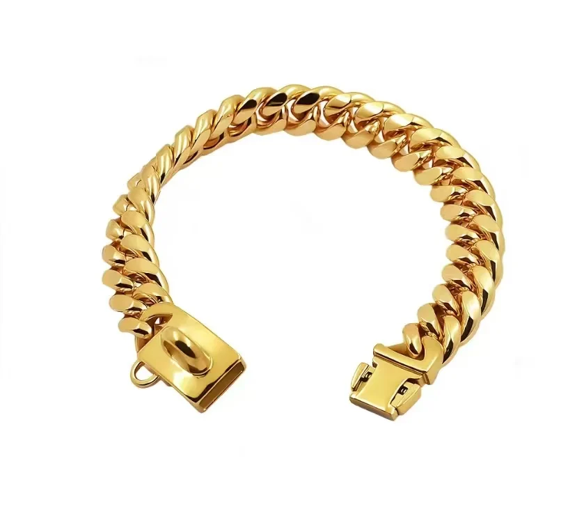 

PMGPET Metal Dog Collar Stainless Steel Pet Choker Gold Cuban Link Chain 14mm Lead Large Dog Collar Pet Metal Collar Supplier