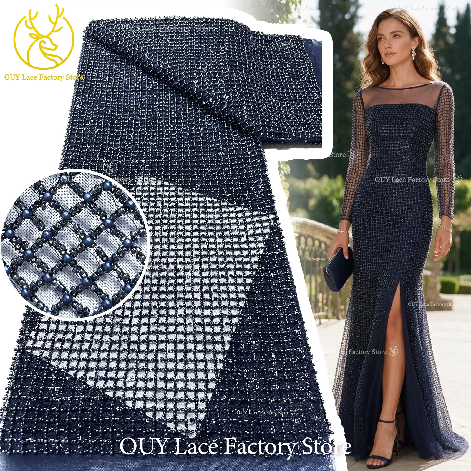 Navy Full Mesh Pearl Beaded Tulle Lace Fabric, Minimalist Premium African Sequin Lace for Women Party & Dance Gown Sewing