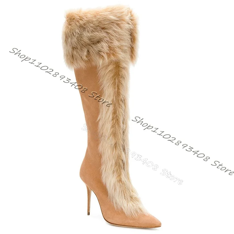 Cream Fur Decor Flock Fleece Boots Women Winter Pointed Toe High Heels Side Zipper Shoes Warm Fashion Boots Zapatos Para Mujere