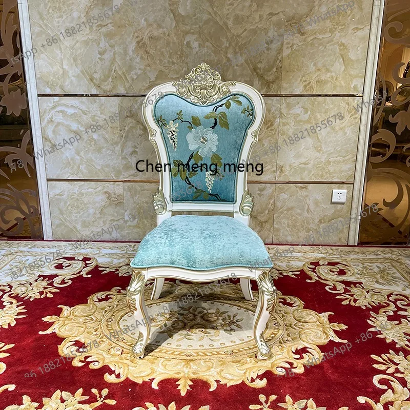 كرسي طعام أوروبي قماش مطرز حقيبة ناعمة كرسي كامل من الخشب الصلب نحت زهرة طاولة طعام كرسي منزلي #2