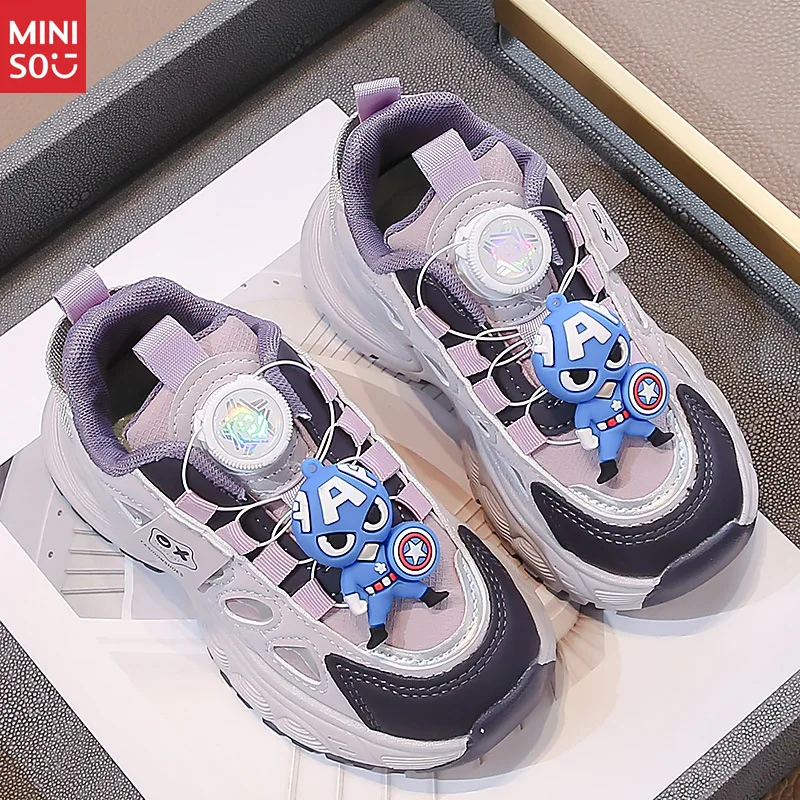 

Детские кожаные туфли Miniso с пряжкой Капитан Америка, противоскользящие повседневные кроссовки для папы с героями мультфильмов унисекс