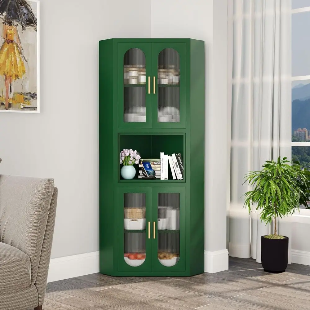

64 High Metal Storage Cabinet with Acrylic Glass Door and Open Shelves for Pantry, Kitchen, Laundry, Bathroom, or Bedroom (Green