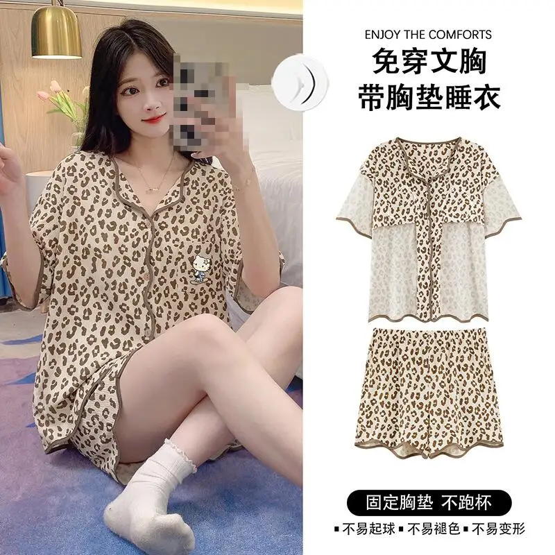 

Женский летний пижамный комплект с шортами и коротким рукавом, новый кардиган, домашняя одежда, милый, мягкий, приятный для кожи, комплект из двух предметов для студенток