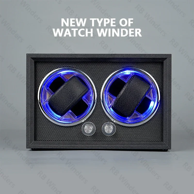 All Black Frosted Skin Ice Blue LED Watch Winders 2 Slots Customizable Name Logo Gift  Watchwinder Box Watches Winding Organizer