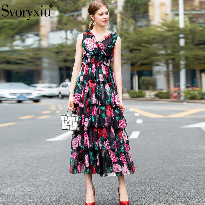 

Svoryxiu Summer Runway luxurious Tiered Ruffles Cake Long Dress Women's Rose Floral Print Vacation Party Sexy Maxi Dresses