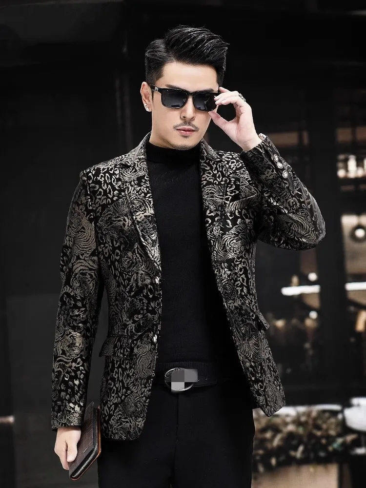 Luxury Printed Business Casual Mens Genuine Leather Suit Jacket Slim Fit Autumn Fashion Sheepskin Blazer Coat Top Size 5XL 6XL