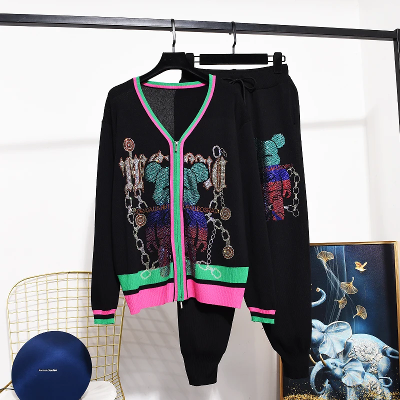 

Cartoon Hot Dirlling Women Two-piece Set Spring Autumn V-neck Zip Cardigans Top Knitted Sweater + Casual Long Trousers Suits