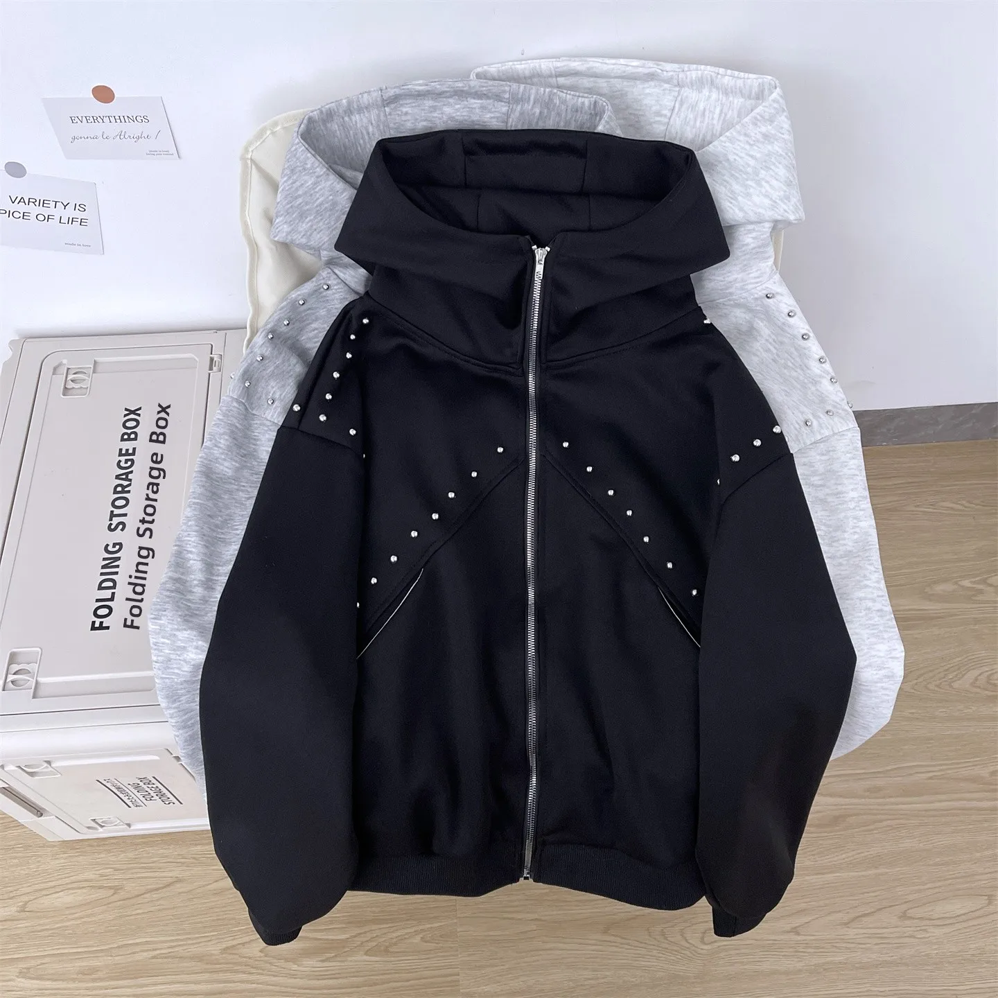 Premium Heavyweight Rivet Hoodie Men's American Style Cleanfit Design Couple's Open Cardigan Jacket Loose Fit Summer Youth