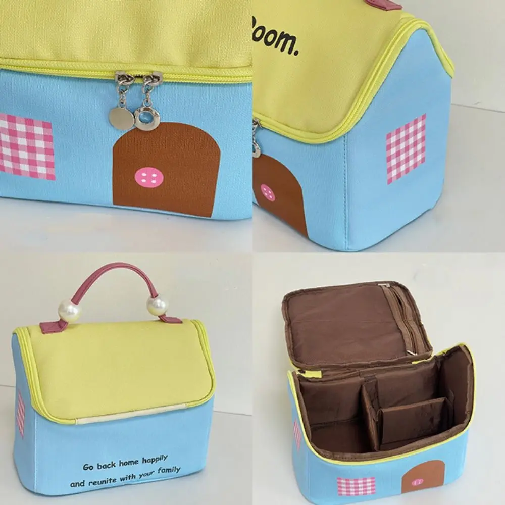 Nylon Handheld Makeup Bag Cartoon Clutch Bag House Shape Cosmetic Bag Storage Bag Large Capacity Skincare Storage Bag Outdoor