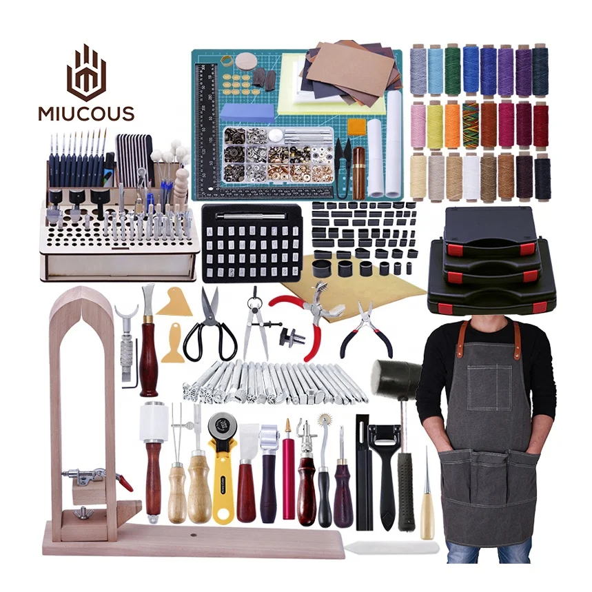 MIU040 The Most Complete Leather Working Tools Set Punch Cutter Tools Letter Number Stamping Set with Leather Apron Tanned