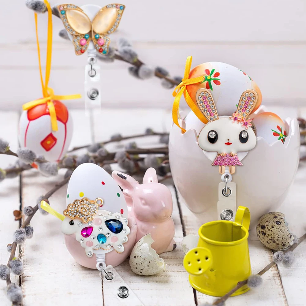 3Pcs Bling Bunny Crocodile Clip Set Diamond Rabbit Butterfly Sheep Badge Scroll Clamp ID Card Decor for Student Teacher Nurse