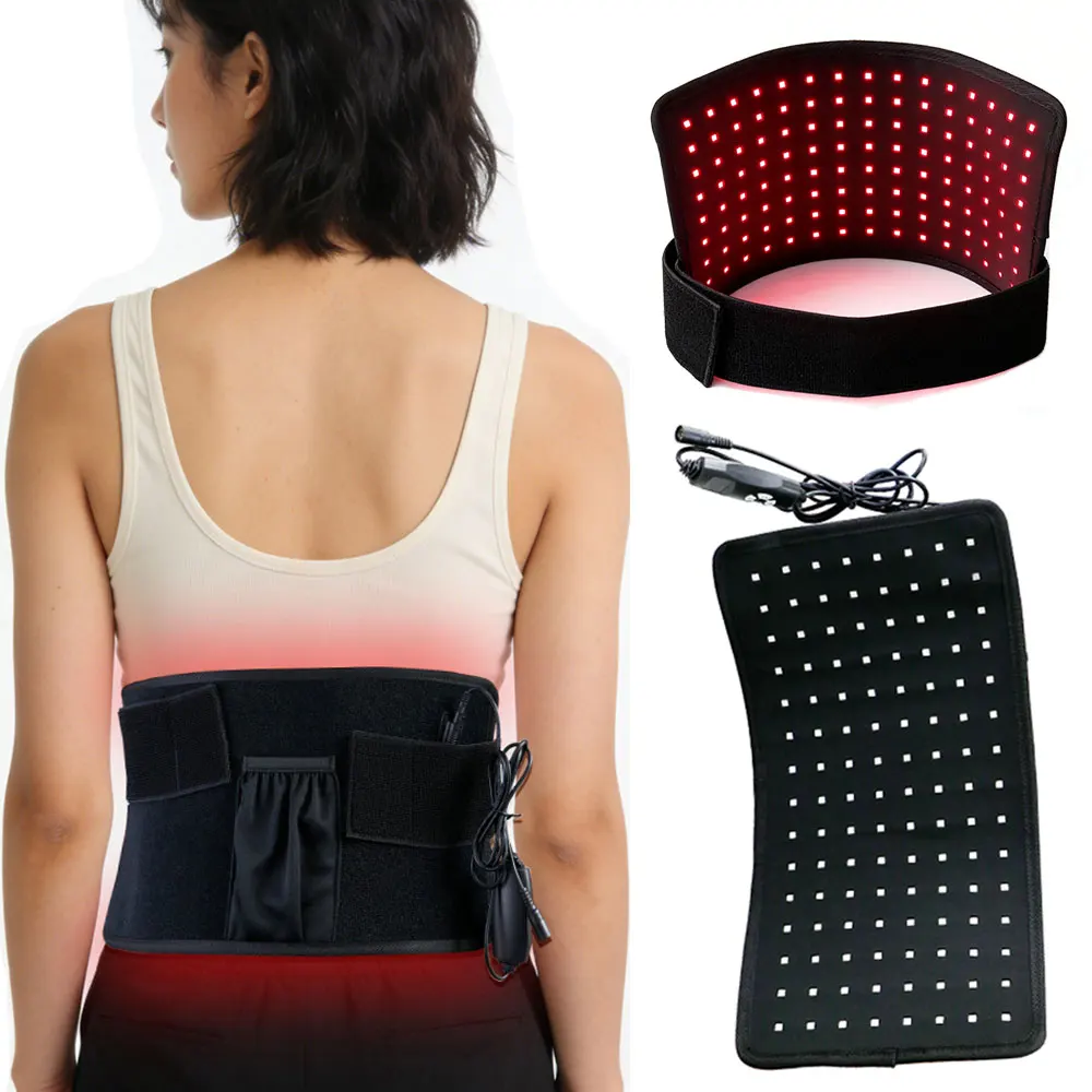 Cinto de luz infravermelha LED vermelho 660nm 850nm com almofada de massagem aquecida para costas e cintura, massageador para alívio da dor muscular.