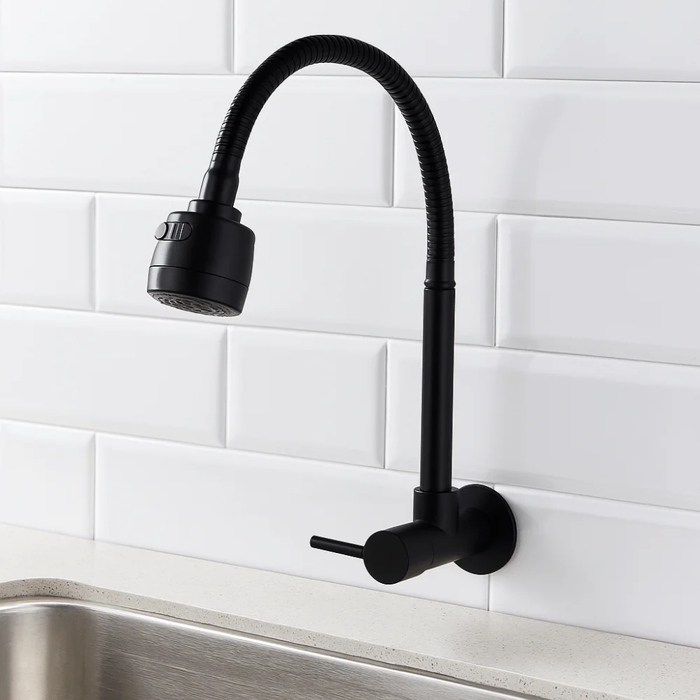 

Wall Mounted Flexible Hose Kitchen Faucet Rotatable Stainless Steel Sink Faucet Black 2 Modes Water Tap Nozzle Restaurant