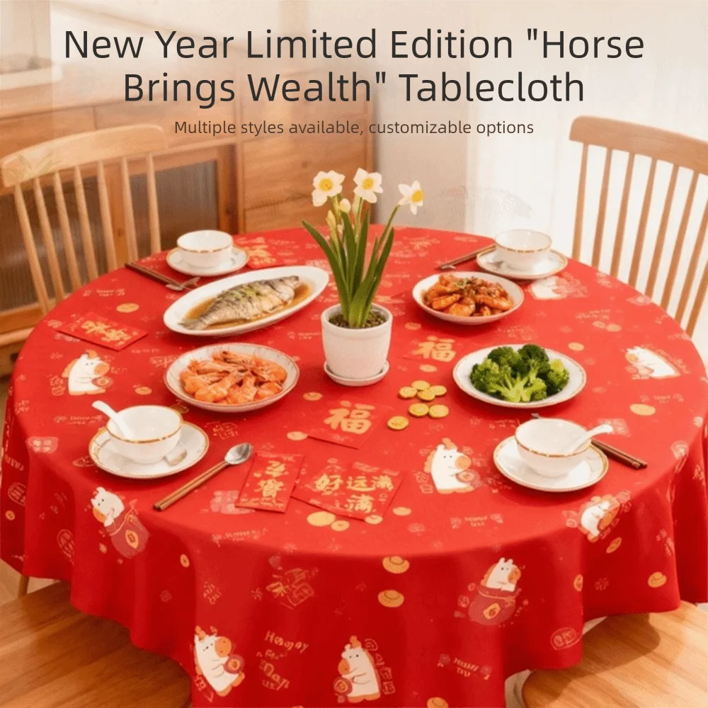 

5pcs Disposable New Year Table Cloth Oil-proof Waterproof Horse Year Decoration Tablecloth Wash-Free Table Cover