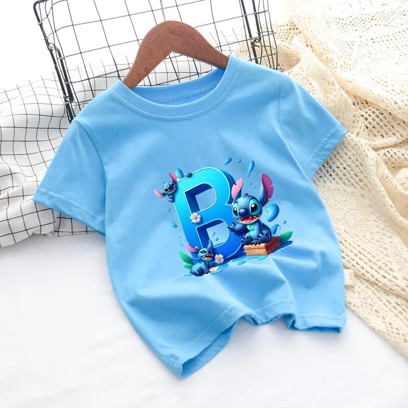 Lilo & Stitch T-shirt in cotone per bambini Disney Cartoon Boy Lettera AZ Vestiti Ragazza T-shirt Camicia Vestiti Anime Kawaii Top Abbigliamento per bambini