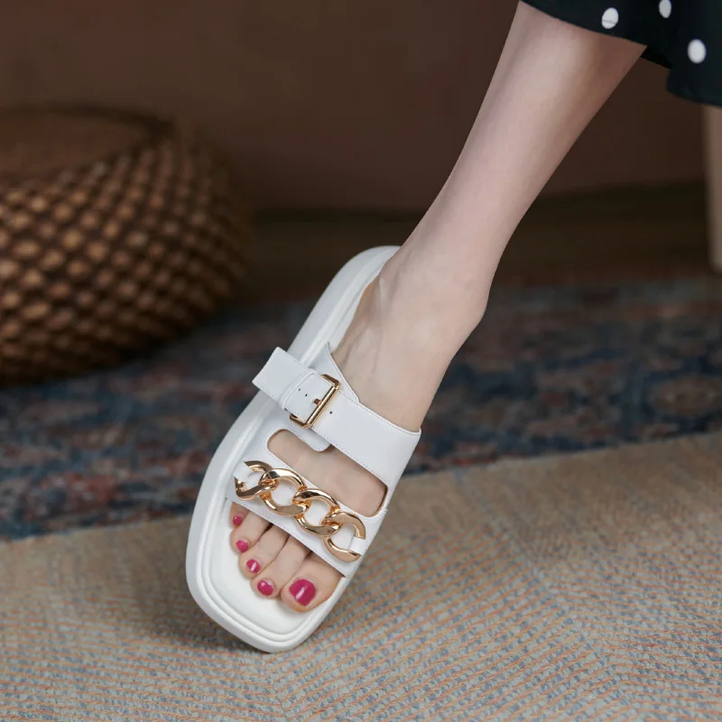 

2022 New Summer Slippers Women Med Heels Platform shoes Outside Genuine Leather Flat Sandal Female Simple Casual Slippers Slides