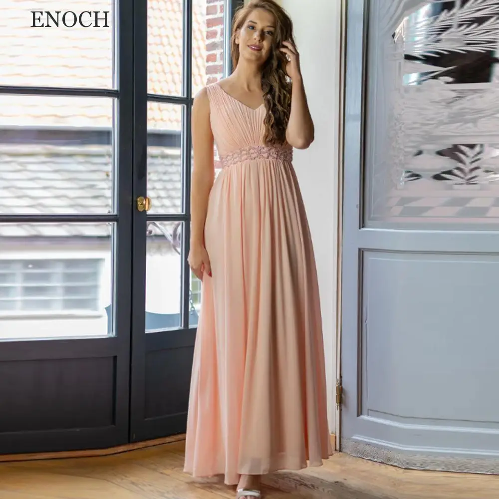 Enoch moda com decote em v chiffon vestidos de dama de honra sem mangas aberto voltar vestidos de festa plissado novo feito sob encomenda vestidos de fiesta