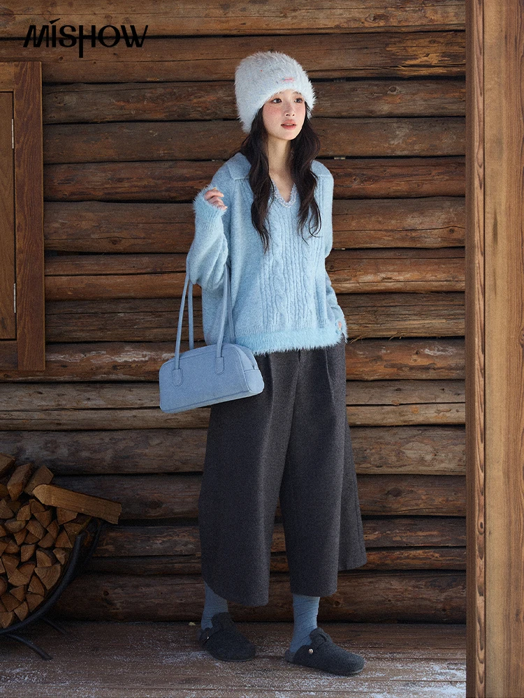 MISHOW Damesbroek 2025, mode, grijze wollen broek met wijde pijpen, hoge taille, cropped retrostijl, woon-werkbroek, warm MXE90K1128