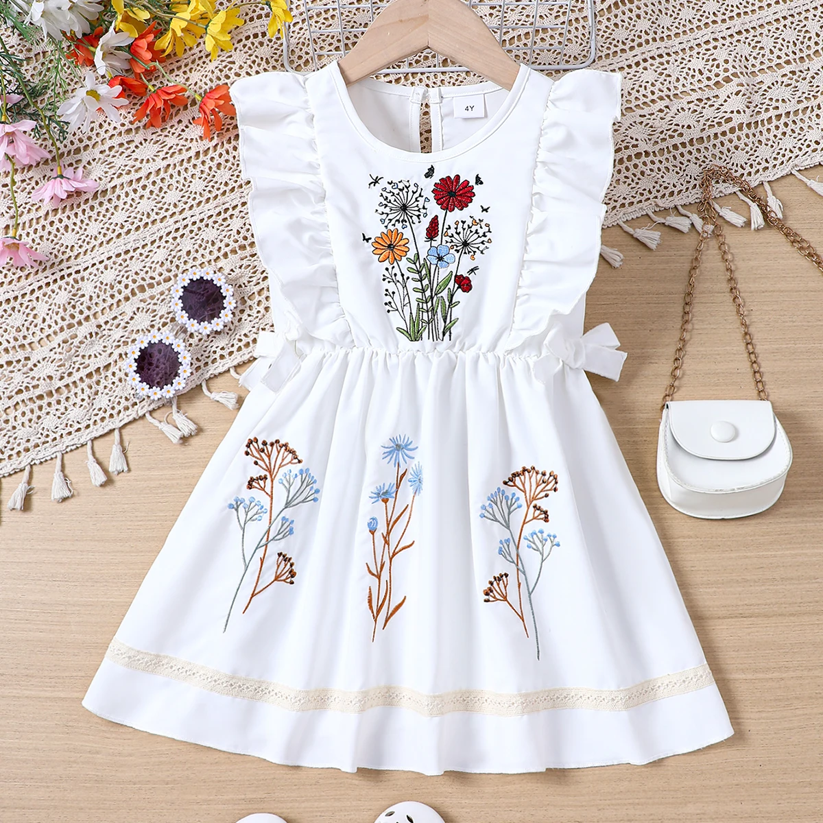 Summer Girls Dress With Round Neck Ruffle Edge Embroidered Bow Tie Waist Wrapped Mid length Dress Chinese Style Children\'s