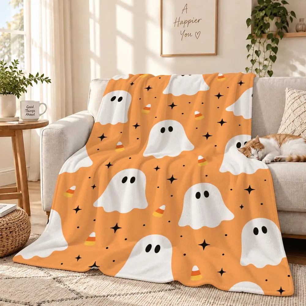 Cute Ghost Halloween Gift Throw 240g Lightweight Flannel Blanket, Soft Skin Throw Blanket for Sofa Bedroom