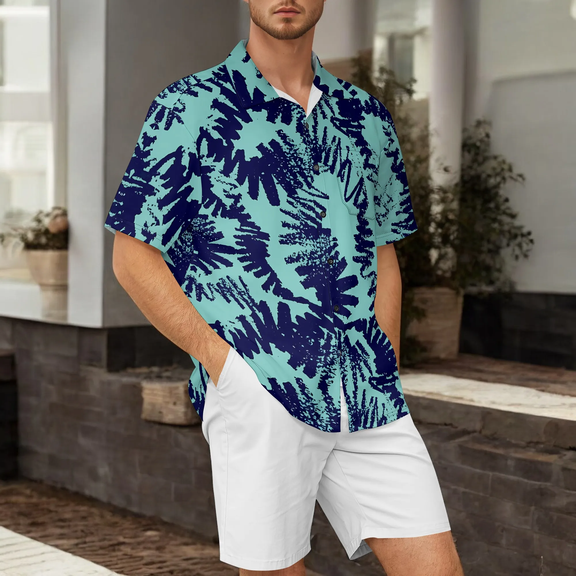 

YEAE Cyan Blue Abstract Texture Print Shirt for Men Summer Casual Short Sleeve Top