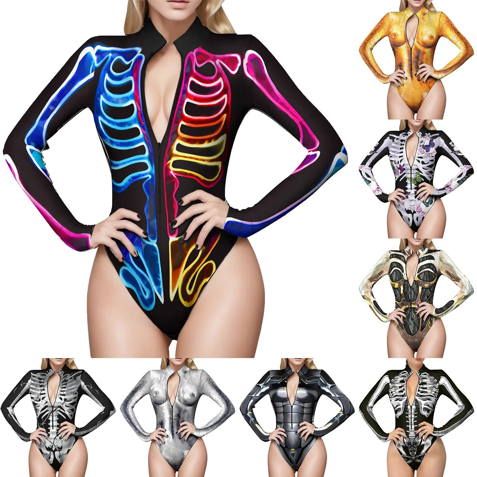 Women Long-Sleeved Tight Jumpsuit Halloween Colorful Fluorescent Skeleton Print Tight Version Ladies Joint Sexy Club Clothes