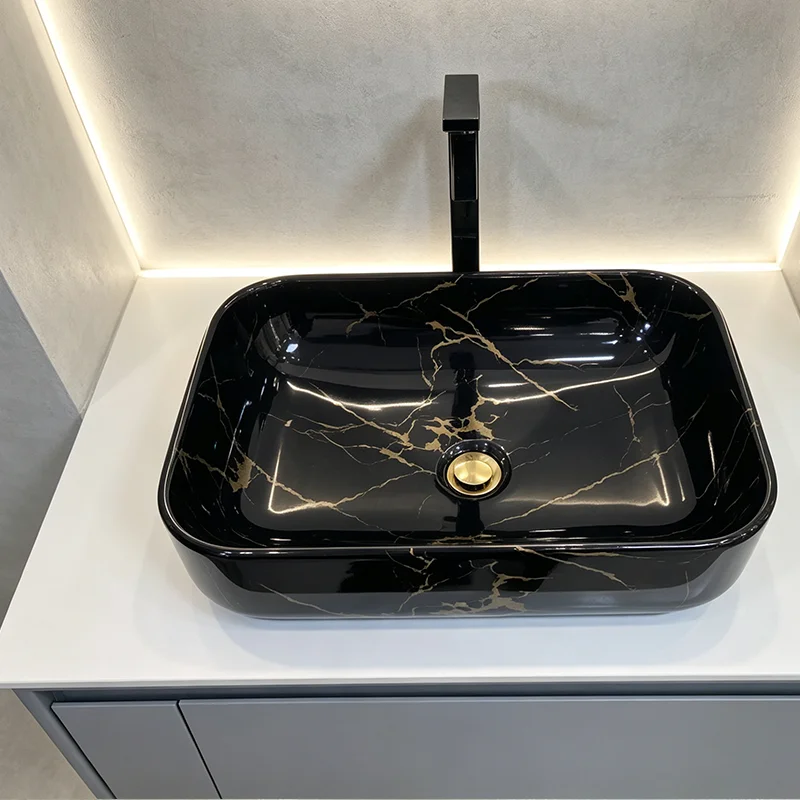 Elegant Stone-Patterned Ceramic Vessel Sink, Rectangular Design Ceramic Washbasin - Ideal for Modern Bathroom Fixtures, Suitable for Dressing Rooms, Vanity Tables, and Bathrooms