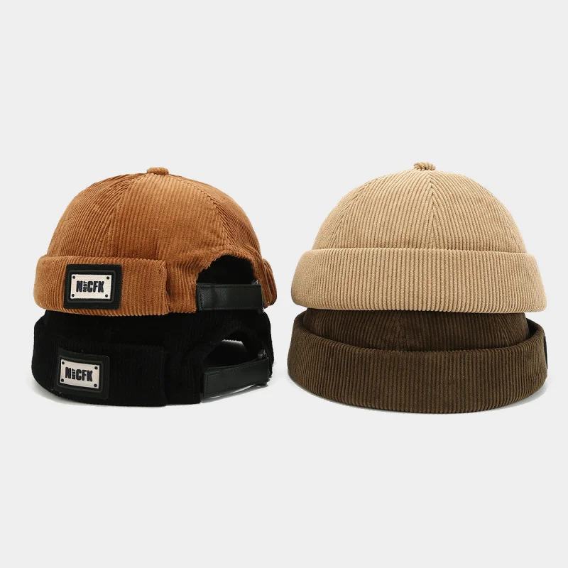 Unisex NCFK Patch Corduroy Docker Cap Retro No Brim Melon Hat Casual Streetwear Adjustable Cap