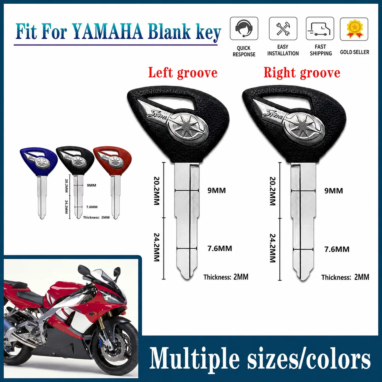 Passend für YAMAHA Dragstar V-Star DS400 DS650 XVS400 XVS650 XV1900 XVS1300 XVS950 XVS Motorrad Doppelschlitz Ungeschnittener Schlüsselrohling – Detail 1